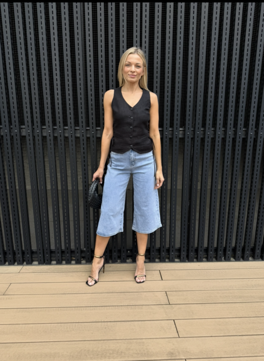 Kobieta w jasnych bermudach z cienkiego jeansu i czarnym bezrękawnikiem, w eleganckiej letniej stylizacji