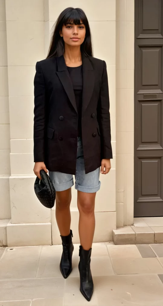 Kobieta w jasnych bermudach z cienkiego jeansu i czarnym bezrękawnikiem, w eleganckiej letniej stylizacji