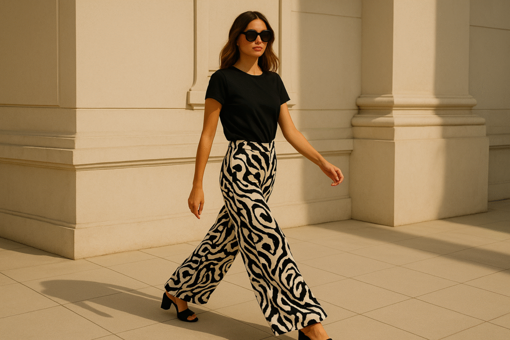 Modnie ubrana kobieta w czarno-białych, szerokich spodniach i czarnym T-shircie, idąca w słońcu na tle eleganckiego budynku z jasnego kamienia.