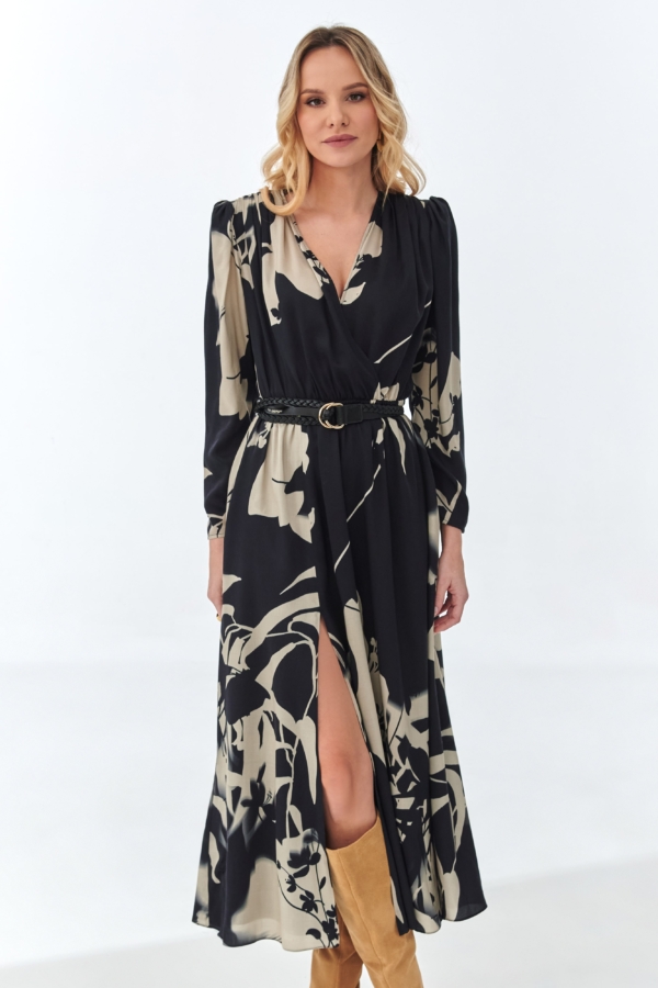 Czarna elegancka sukienka midi NOIR z gumką w talii