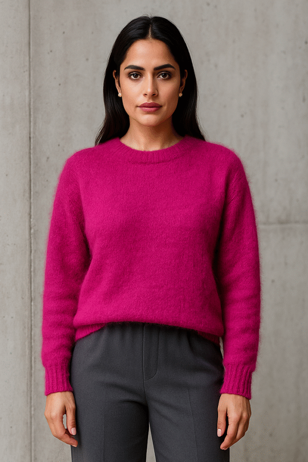 Amarantowy moherowy sweter damski z długim rękawem na tle betonowej ściany