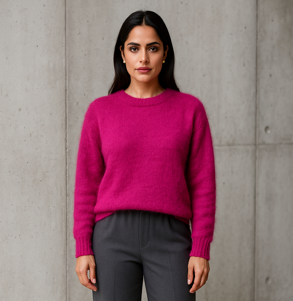Amarantowy moherowy sweter damski z długim rękawem na tle betonowej ściany