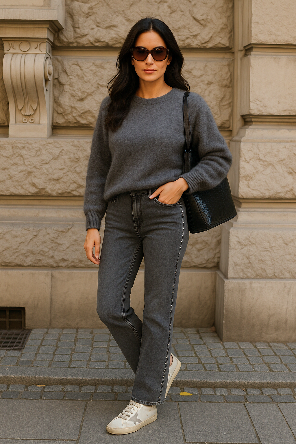 ciemnoszare jeansy z ćwiekami EZURI