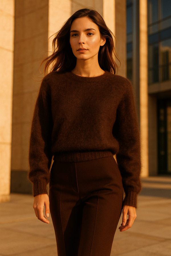 Modelka w czekoladowym, puszystym swetrze i dopasowanych spodniach, elegancka stylizacja w ciepłym świetle.