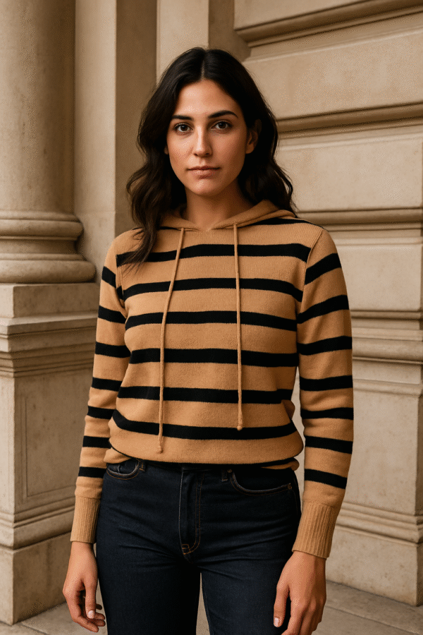 Camelowy sweter damski w czarne paski z kapturem