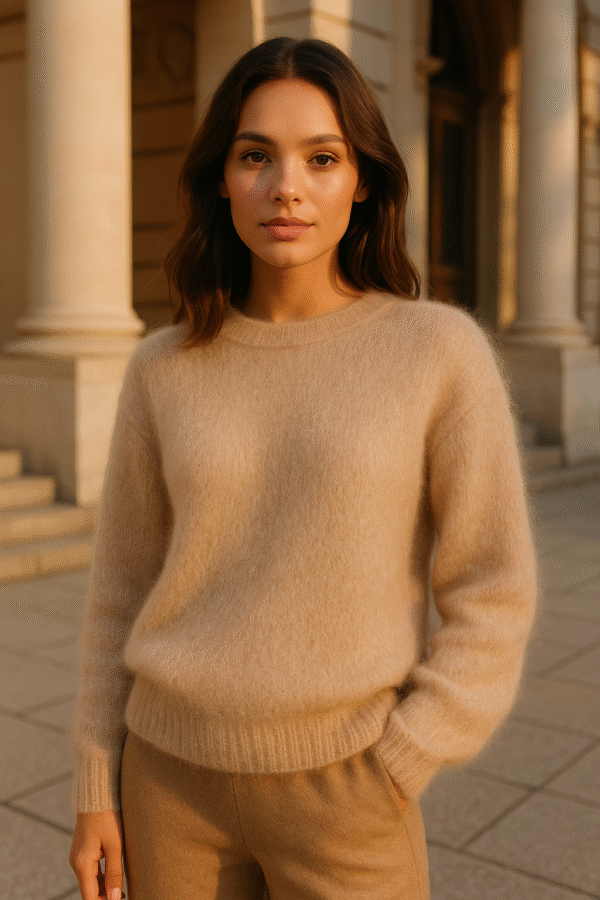 jasnobeżowy sweter z moheru, beżowy sweter damski EZURI, sweter z kid moheru, moherowy sweter beżowy