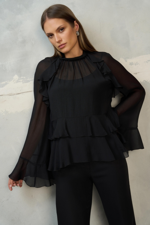 Czarna bluzka z kilkoma poziomami falban EZURI