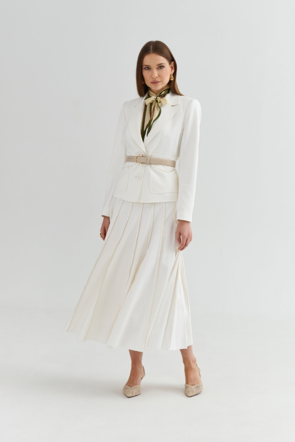 Spódnica midi ecru rozkloszowana z wysokim stanem i przeszyciami