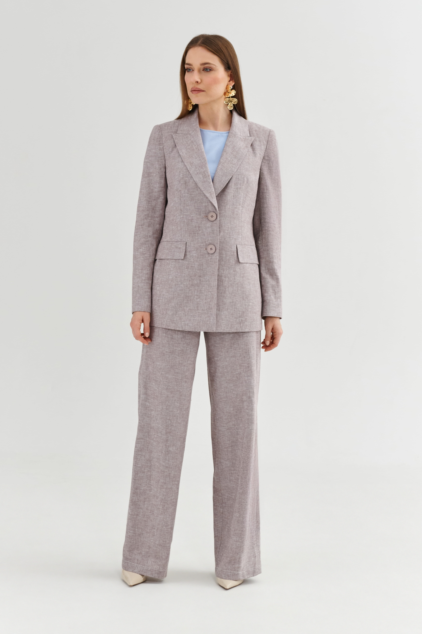 Spodnie damskie taupe z lnu i bawełny – prosta nogawka, kieszenie po bokach