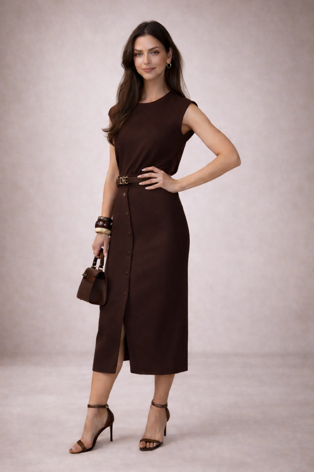 Czekoladowa spódnica midi z guzikami z przodu