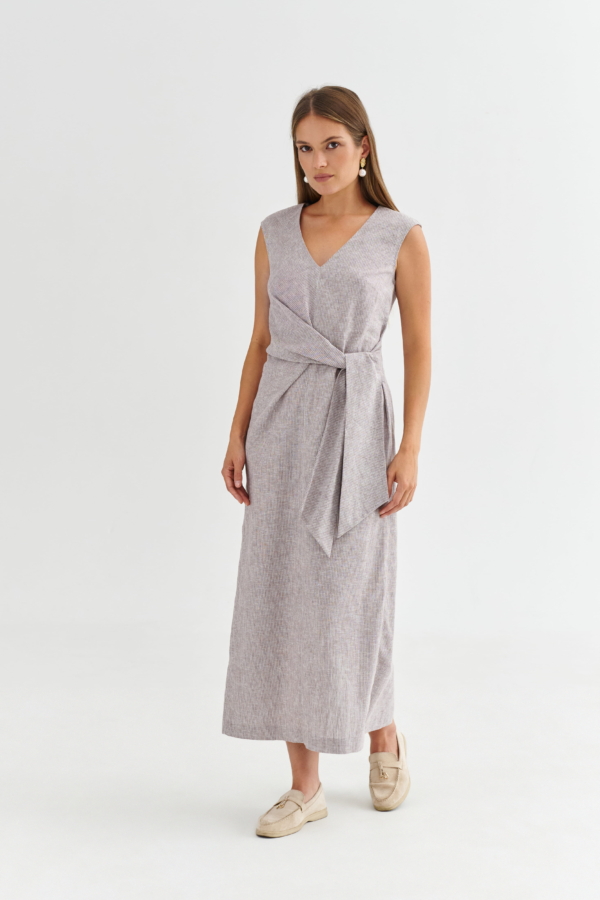 Sukienka midi do pracy z dekoltem V i wiązaniem w talii – STELLA, jasny beżowy melanż