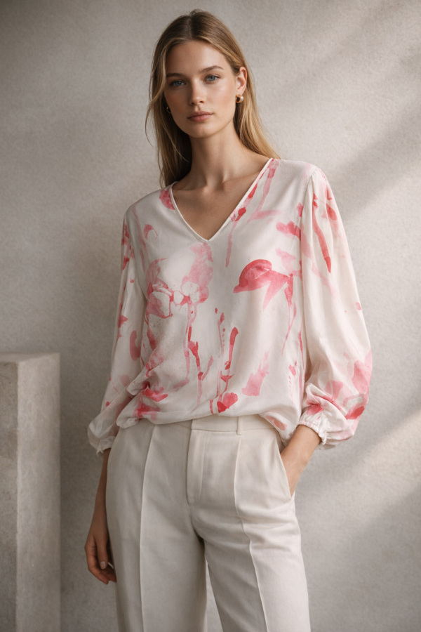 Elegancka bluzka damska z różowym wzorem i długim rękawem