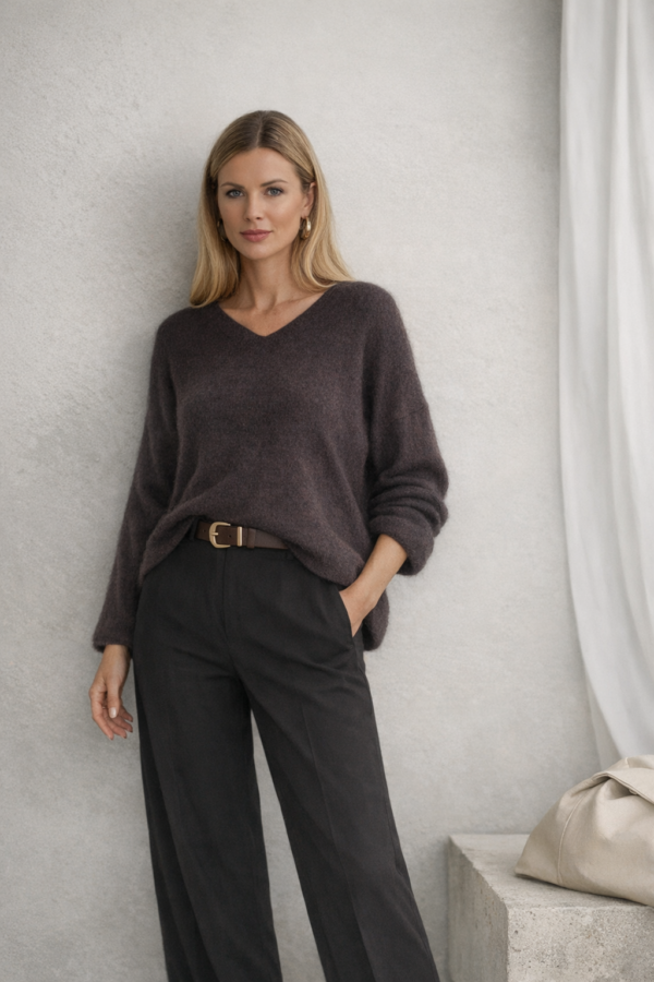 Kobieta w czekoladowym swetrze z alpaki i szerokich ciemnych spodniach