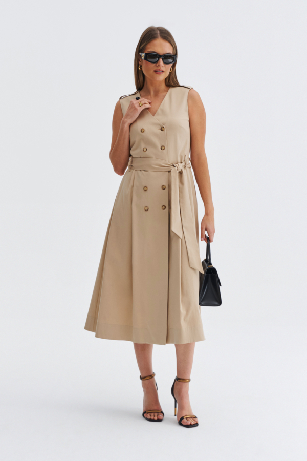 Dwurzędowa rozkloszowana sukienka beżowa z wiązaniem w talii