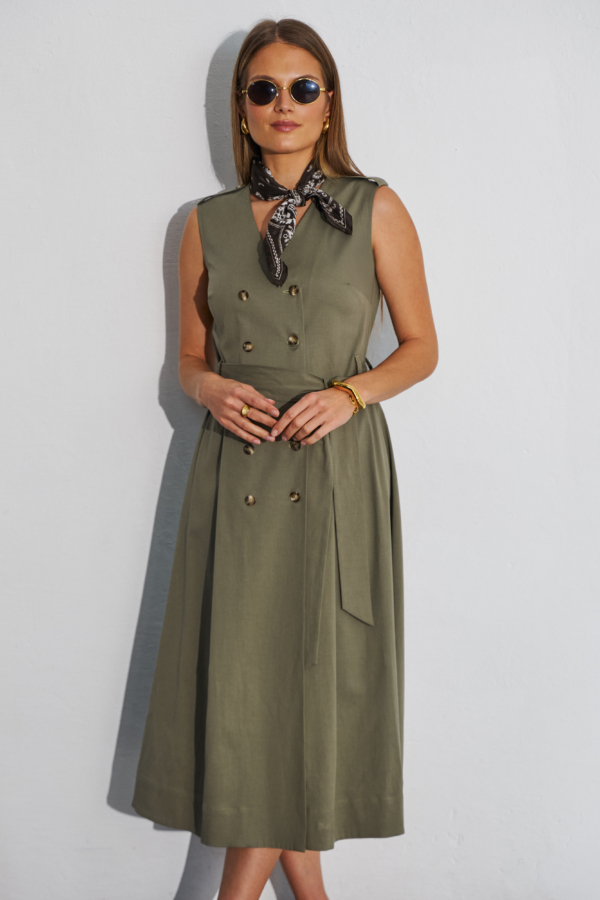 Dwurzędowa rozkloszowana sukienka khaki z wiązaniem w talii
