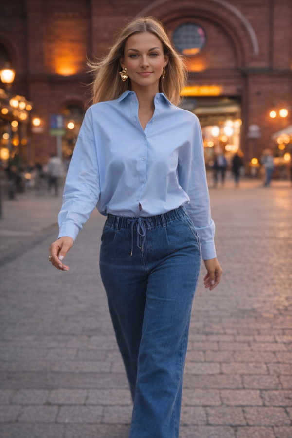 granatowe jeansy damskie szeroka nogawka wysoki stan