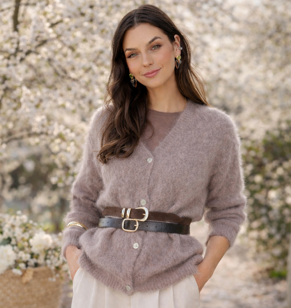 Beżowy rozpinany sweter z baby alpaca, miękki kardigan damski stylizacja wiosenna