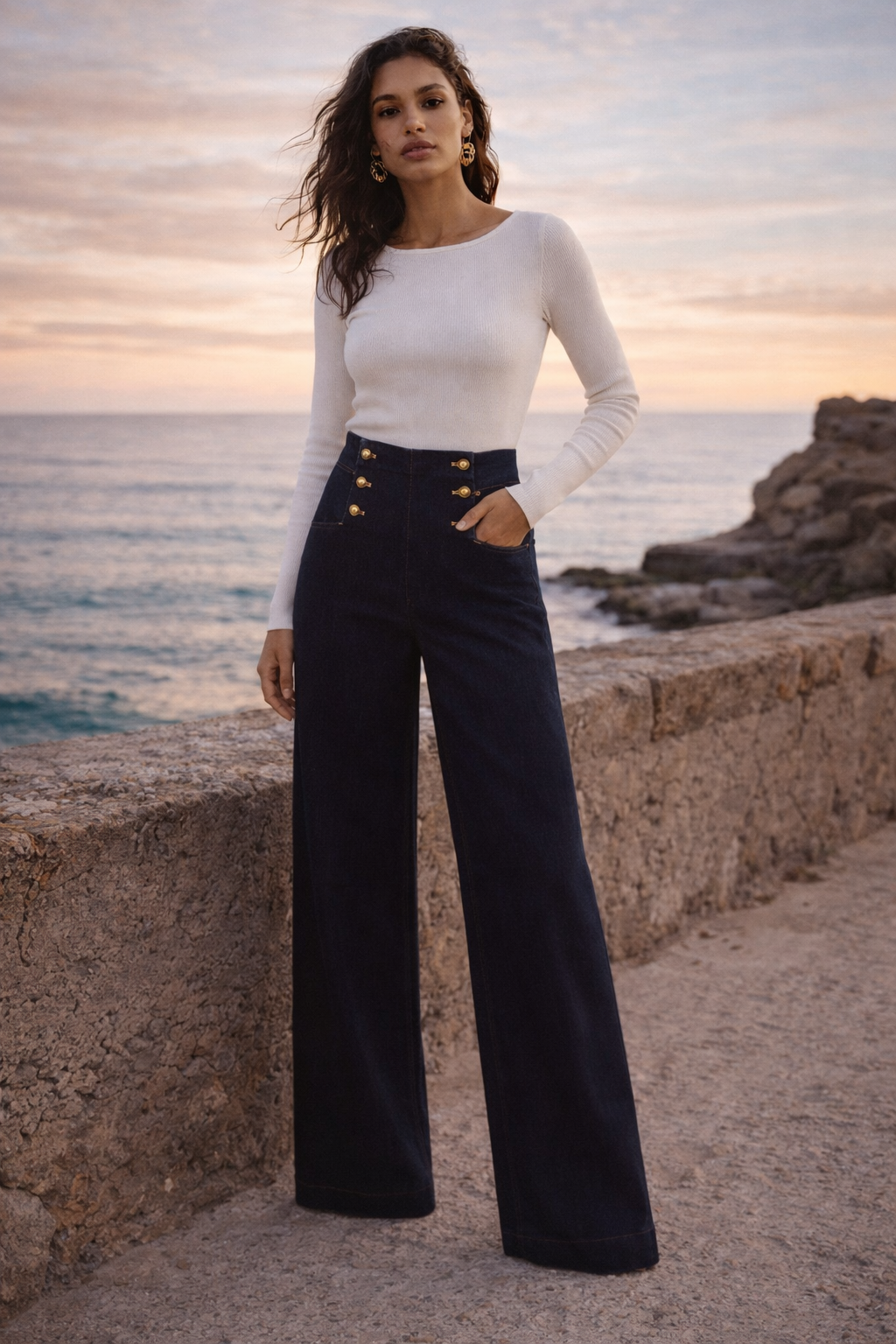 spodnie damskie wide leg z wysokim stanem granatowe z guzikami EZURI