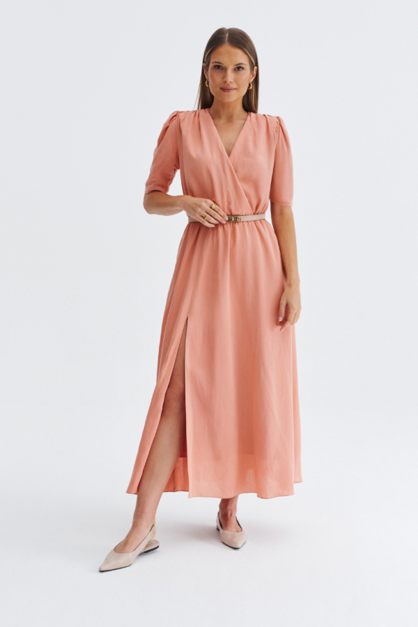 sukienka maxi z kopertowym dekoltem i rozcięciem na nodze