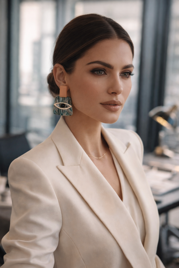 Zielone geometryczne kolczyki z motywem oka.