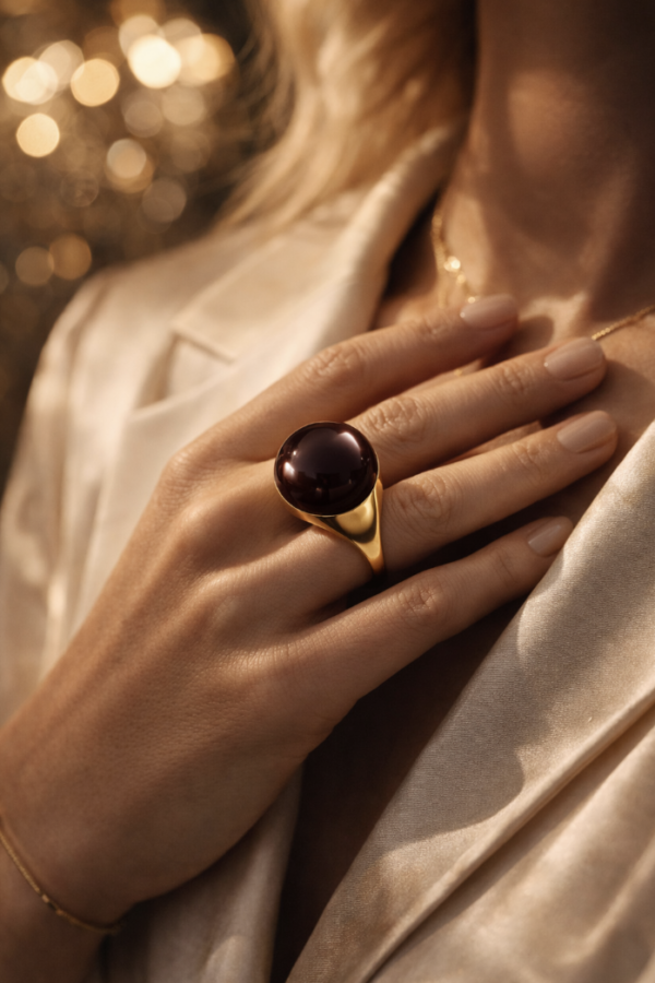 Nowoczesny pierścionek z dużym kamieniem w kolorze czekolady