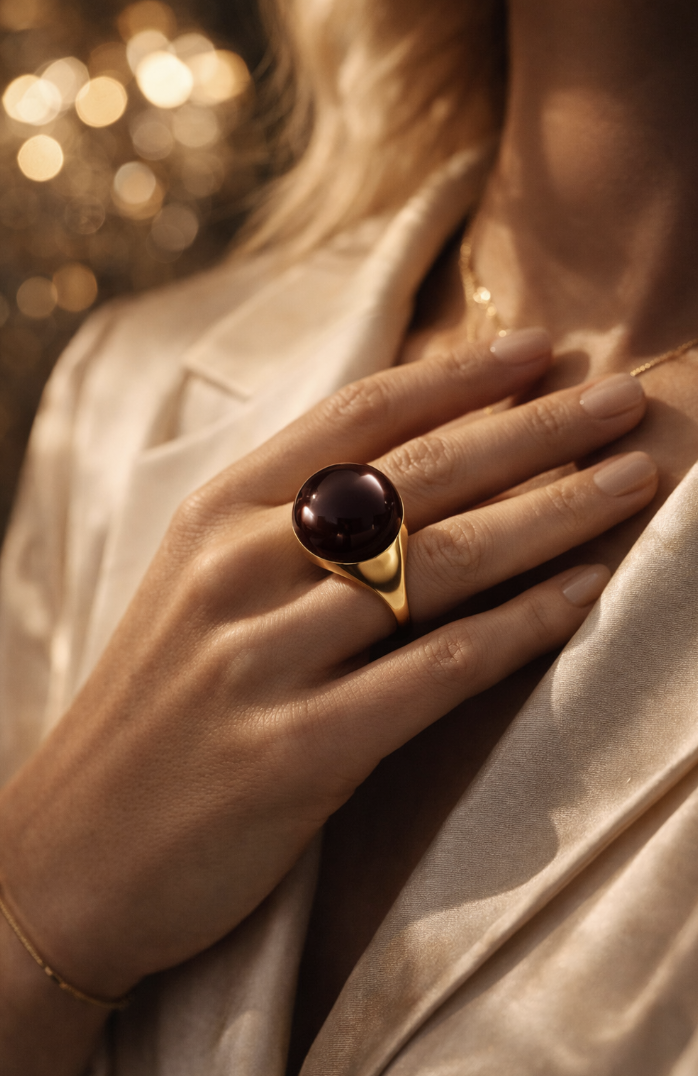 Nowoczesny pierścionek z dużym kamieniem w kolorze czekolady