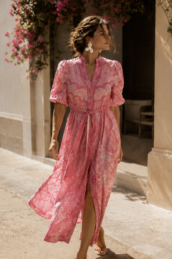 Modelka w różowej sukience maxi w print paisley, z wiązaniem w talii, krótkim bufiastym rękawem i rozcięciem z przodu.