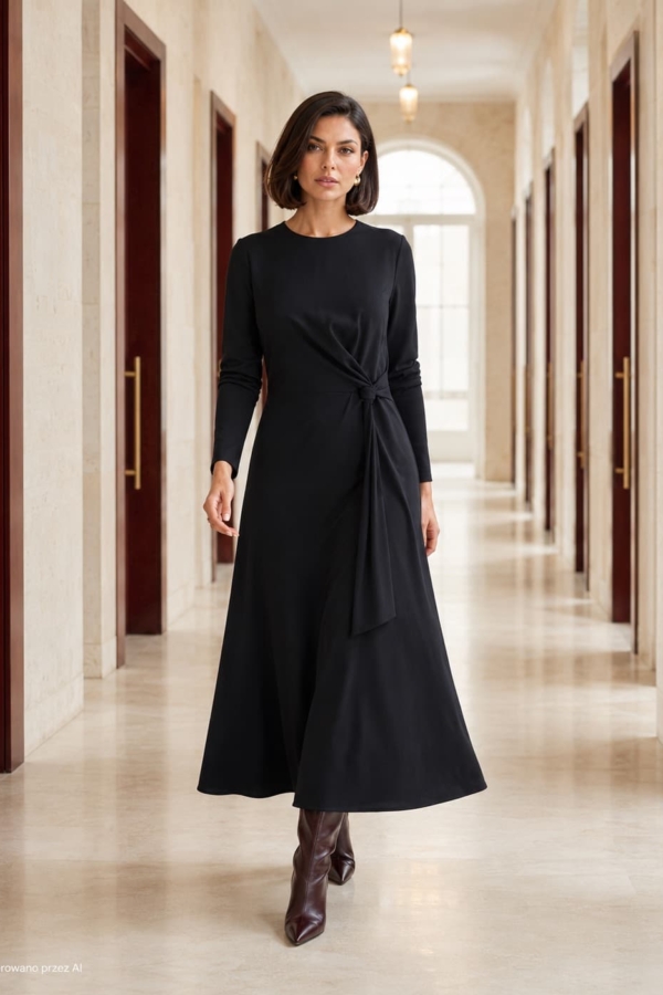 Sukienka czarna z wiązaniem w pasie – stylizacja z botkami, casualowo-elegancki look