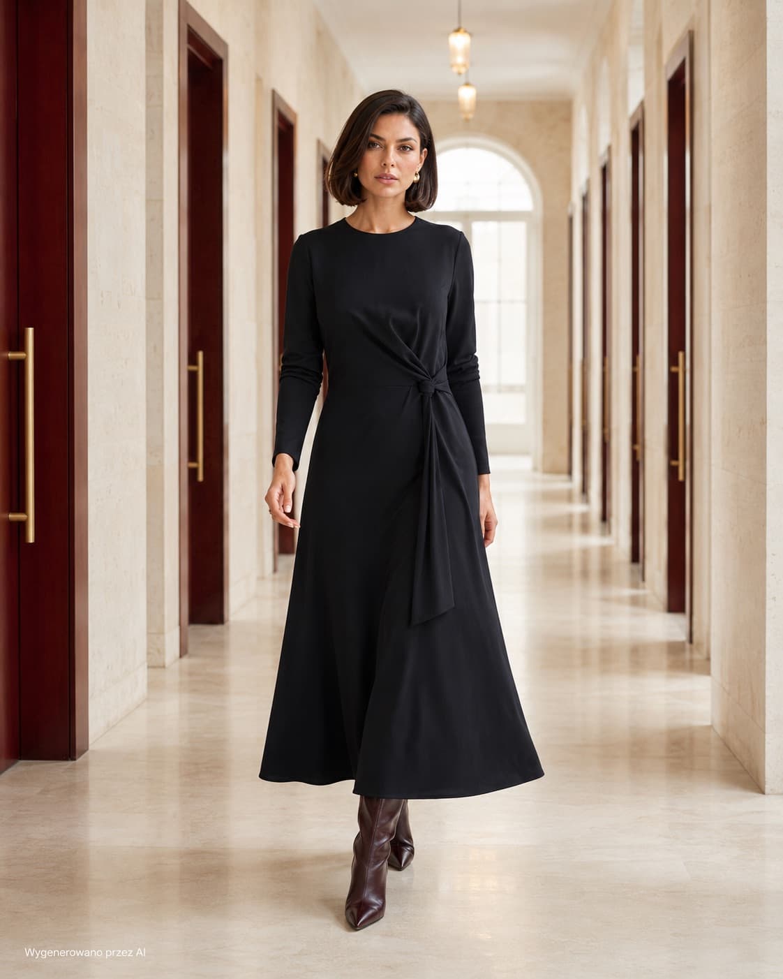Sukienka czarna z wiązaniem w pasie – stylizacja z botkami, casualowo-elegancki look