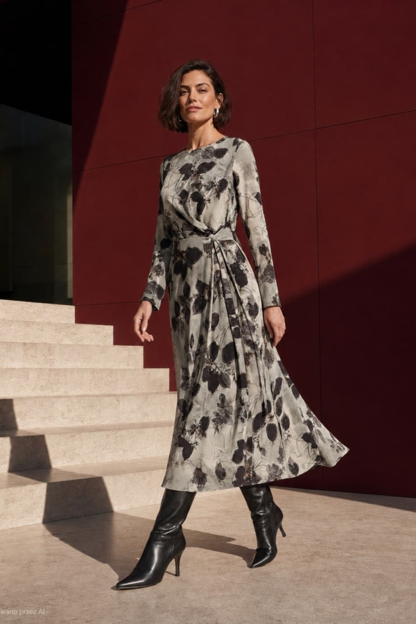 Kobieta w sukience w liście maxi, stylizacja z botkami