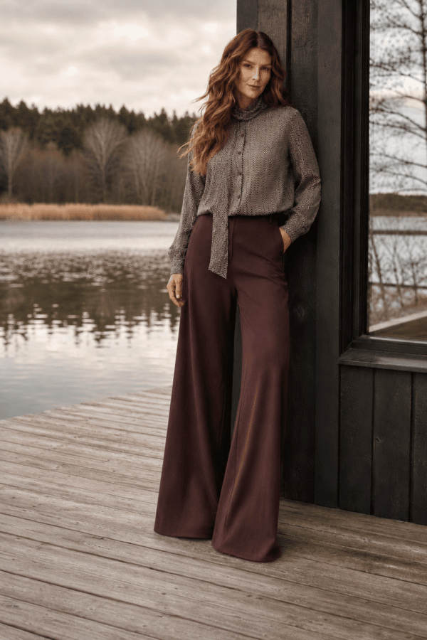 Elegancka bluzka z szarfą i szerokie brązowe spodnie w jesiennej stylizacji nad jeziorem