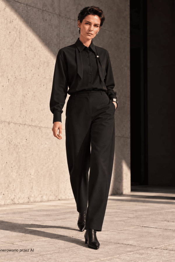 Czarna koszula oversize wpuszczona w spodnie barrel, z chustą przewiązaną przy kołnierzyku i srebrną broszką – minimalistyczny total look