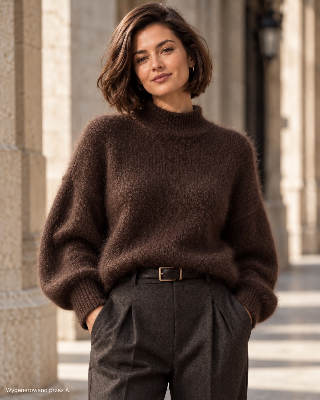 Czekoladowy sweter oversize z półgolfem EZURI, puszysta dzianina, szerokie rękawy ze ściągaczem, stylizacja z grafitowymi spodniami z zakładkami i brązowym paskiem
