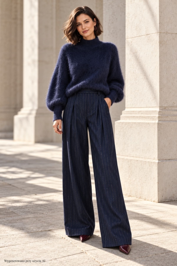 Granatowy sweter damski z kid mohairu ze stójką i obszernymi rękawami, na modelce w granatowych spodniach w delikatny prążek.