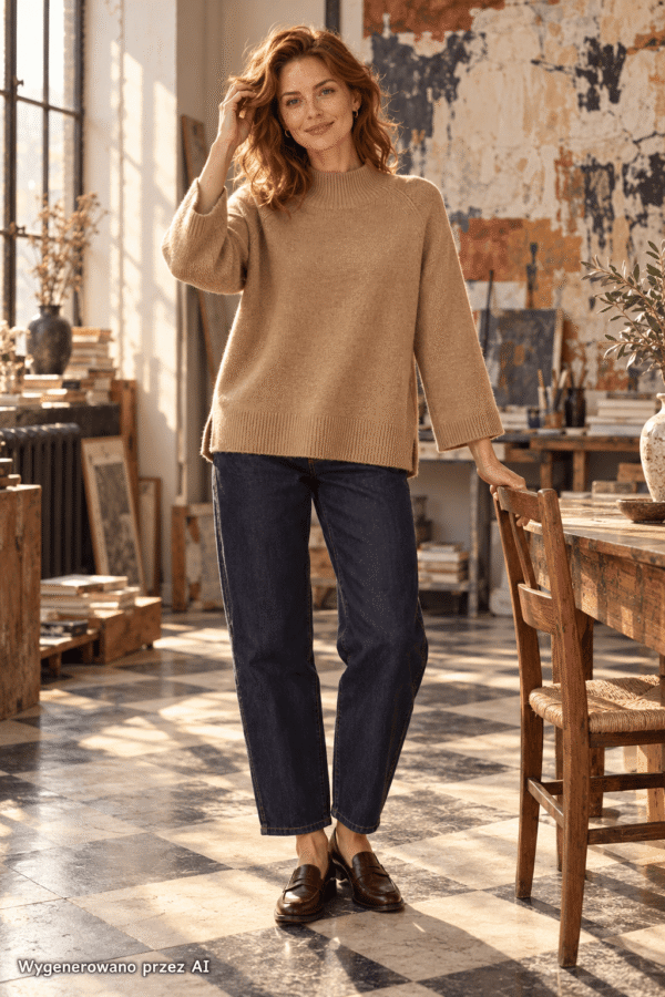 Kobieta w swetrze oversize w kolorze camel z półgolfem, w ciemnych jeansach i brązowych mokasynach
