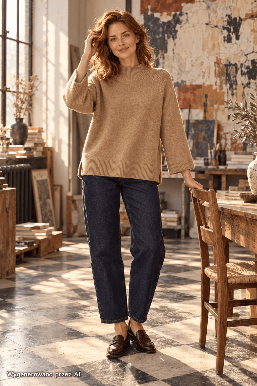 Kobieta w swetrze oversize w kolorze camel z półgolfem, w ciemnych jeansach i brązowych mokasynach